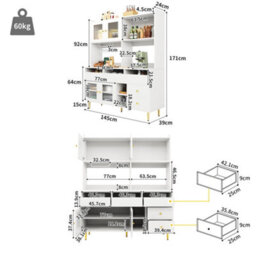 Matteo Modern White & Gold Sideboard Cabinet With Changhong Glass Doors, Wine Rack & Multi-Storage - 145X39X171Cm - thumbnail 5