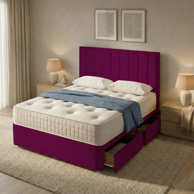 "Adore Designs Portland Plush Velvet Divan Bed, 50"" Headboard - 4Ft6 Double - Burgundy - 2 Drawers Same Side" - image 1