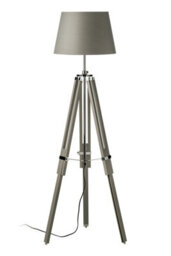 Orsina Adjustable Floor Lamp With Chrome Accents, Natural Grey Wooden Tripod Legs, Contemporary Fabric Shade