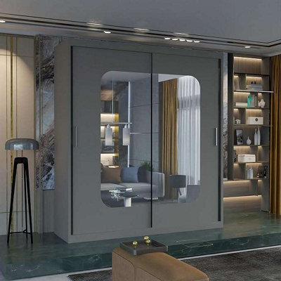 Sliding Wardrobes 4 u LTD Modern Sliding Wardrobe With Led Light - Mirror & Internal Storage Bedroom Wardrobe - Grey 203Cm - image 1