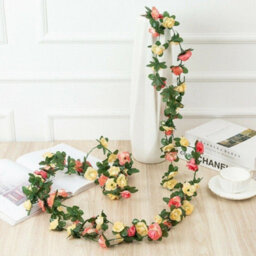 2.5M Artificial Silk Rose & Ivy Leaf Garland Vine For Wedding, Home & Garden Décor - Lifelike Pink & Yellow