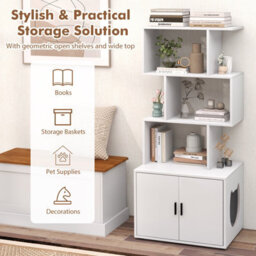 Costway 142Cm Tall Cat Litter Box Enclosure Indoor Pet House Corner Bookshelf-White - thumbnail 8
