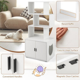 Costway 142Cm Tall Cat Litter Box Enclosure Indoor Pet House Corner Bookshelf-White - thumbnail 9