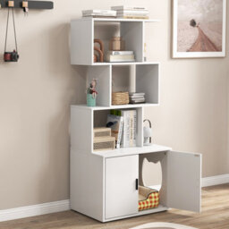 Costway 142Cm Tall Cat Litter Box Enclosure Indoor Pet House Corner Bookshelf-White - thumbnail 5