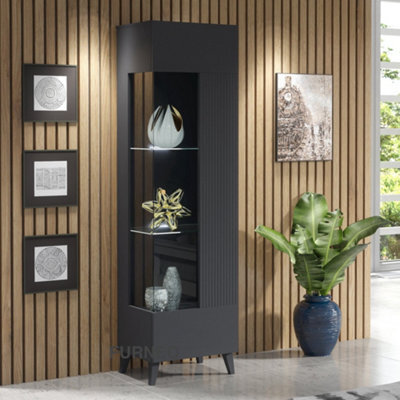 Furneo Grey Display Cabinet Storage Modern Glass Cupboard High Gloss & Matt Azzurro 12G White Led Lights - image 1
