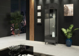 Furneo Grey Display Cabinet Storage Modern Glass Cupboard High Gloss & Matt Azzurro 12G White Led Lights - thumbnail 2