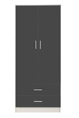 Reflect 2 Door 2 Drawer Combi Plain Wardrobe - Grey Gloss & Matt White - Hanging Rails, Drawers & Shelf - H: 180Cm X W: 76Cm - image 1