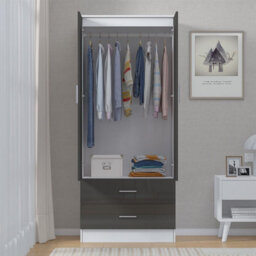 Reflect 2 Door 2 Drawer Combi Plain Wardrobe - Grey Gloss & Matt White - Hanging Rails, Drawers & Shelf - H: 180Cm X W: 76Cm - thumbnail 4