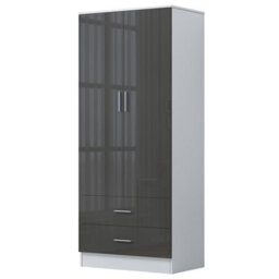 Reflect 2 Door 2 Drawer Combi Plain Wardrobe - Grey Gloss & Matt White - Hanging Rails, Drawers & Shelf - H: 180Cm X W: 76Cm - thumbnail 5