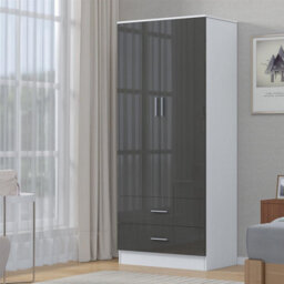 Reflect 2 Door 2 Drawer Combi Plain Wardrobe - Grey Gloss & Matt White - Hanging Rails, Drawers & Shelf - H: 180Cm X W: 76Cm - thumbnail 2