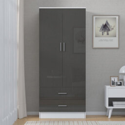 Reflect 2 Door 2 Drawer Combi Plain Wardrobe - Grey Gloss & Matt White - Hanging Rails, Drawers & Shelf - H: 180Cm X W: 76Cm - thumbnail 3