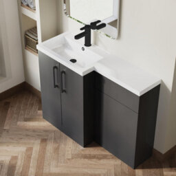Balterley Left-Hand Bathroom Vanity And Wc Unit Combination With Basin - 1100mm - Gloss Grey With Black Handles - thumbnail 3