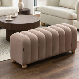 Wyld And Coco Beige Boucle Bed Bench With Round Rubberwood Legs, Compact Modern Pouffe Ottoman (W111 X D40 X H45Cm) - thumbnail 2