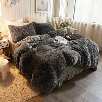 Groundlevel Grey Faux Fur Soft Duvet Cover Set - image 1
