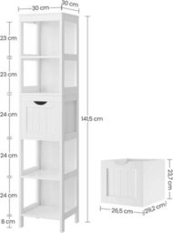 Songmics High Cabinet Bathroom Storage Cabinet With Legs Slim Column With 2 Drawers And 3 Open Compartments, White - thumbnail 7