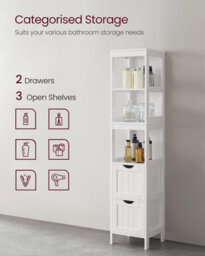 Songmics High Cabinet Bathroom Storage Cabinet With Legs Slim Column With 2 Drawers And 3 Open Compartments, White - thumbnail 4