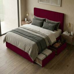 "Adore Designs Rio Plush Velvet Divan Bed, 50"" Headboard, Mattress & Footboard - 5Ft Kingsize - Burgundy - 2 Drawers Left Side" - thumbnail 2