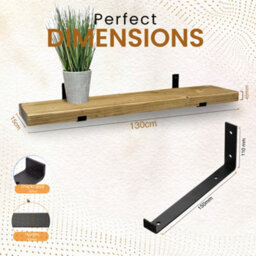 MKGT Narrow Rustic Shelf, 15Cm Deep Solid Wood Wall Shelf With Black Brackets (Rustic Pine, 130Cm) - thumbnail 2