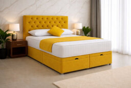 Comfy Deluxe 3Ft Single Mustard Plush Cf Chesterfield Ottoman Lift Open Storage Bed Set Headboard With Mattress