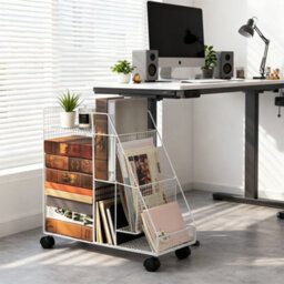 Living And Home White Sleek Compact Iron Storage Cart Rolling Under-Desk Bookshelf