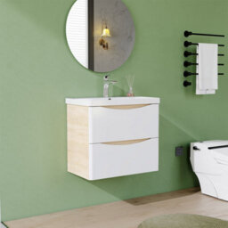 AVER-GROWTH Wall-Mounted Bathroom Vanity Unit Matt White And Oak Flat Pack Bathroom Cabinets Only 590(W)X345X(D)X500(H)mm With 2 Drawers - thumbnail 6