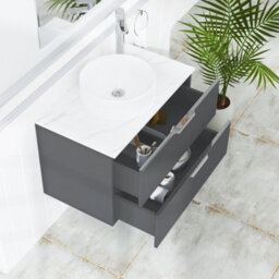 Royal Bathrooms Evora 800mm Graphite Grey Fluted Wall Hung Countertop Vanity Unit 2 Drawer With Round Basin - thumbnail 3