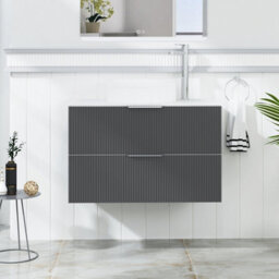 Royal Bathrooms Evora 800mm Graphite Grey Fluted Wall Hung Countertop Vanity Unit 2 Drawer With Round Basin - thumbnail 1