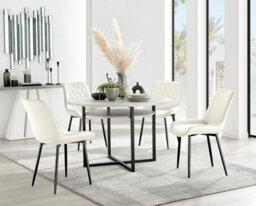 Furniturebox Uk Adley Grey Concrete Effect Storage Dining Table & 4 Cream Pesaro Black Leg Chairs