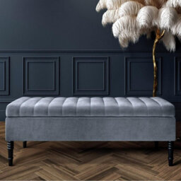 Safar 137Cm Ottoman Storage Bench - Plush Velvet Shoe Bench - Grey Lined Upholstery Storage Footstool