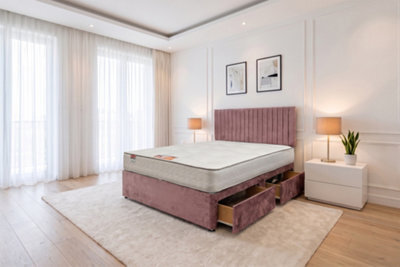"Knight Sleep Emily Plush Bed Set With Mattress, 4 Drawers Same Side & 24""headboard, Pink Plush, 4Ft - Small Double" - image 1