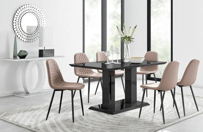 Furniturebox Imperia Black High Gloss 6 Seater Dining Table With Structural 2 Plinth Column Legs 6 Beige Faux Leather Gold Leg Corona Chairs - image 1