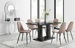 Furniturebox Imperia Black High Gloss 6 Seater Dining Table With Structural 2 Plinth Column Legs 6 Beige Faux Leather Gold Leg Corona Chairs
