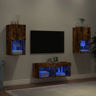 Berkfield 4 Piece Tv Wall Cabinets With Led Lights Smoked Oak - image 1