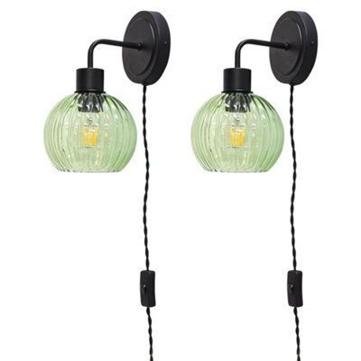 First Choice Lighting Set Of 2 Toby - Black Plug In Wall Lights Green Ribbed Shades - image 1