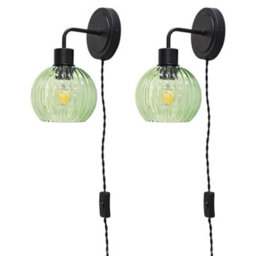 First Choice Lighting Set Of 2 Toby - Black Plug In Wall Lights Green Ribbed Shades - thumbnail 1