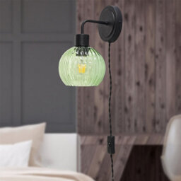 First Choice Lighting Set Of 2 Toby - Black Plug In Wall Lights Green Ribbed Shades - thumbnail 4