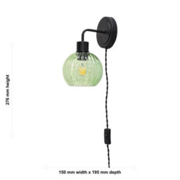 First Choice Lighting Set Of 2 Toby - Black Plug In Wall Lights Green Ribbed Shades - thumbnail 6