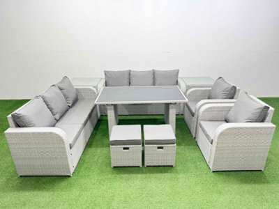 Fimous 10 Seater Outdoor Dining Table 3 Seater Sofa Reclining Chair Set With 2 Side Tables 2 Small Stools Light Grey - image 1