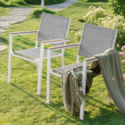 Avestar Outdoor 2-Piece Textilene Stackable Dining Chair Set With Faux Wood Armrests For Garden, Patio, Grey And White - thumbnail 9