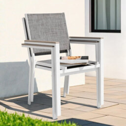 Avestar Outdoor 2-Piece Textilene Stackable Dining Chair Set With Faux Wood Armrests For Garden, Patio, Grey And White - thumbnail 8