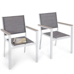Avestar Outdoor 2-Piece Textilene Stackable Dining Chair Set With Faux Wood Armrests For Garden, Patio, Grey And White - thumbnail 1