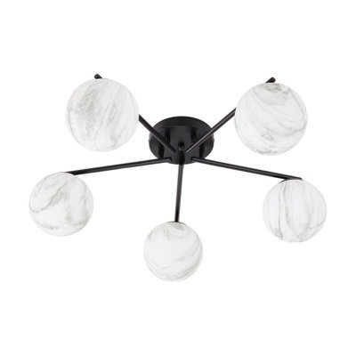 Living And Home Modern E27 5-Light Semi Flush Mount Ceiling Light With Black Iron Base And Marble-Effect Glass Shades, 20W