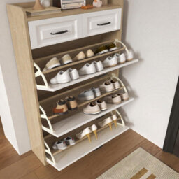 Matteo White & Natural Narrow Shoe Cabinet With 3 Flip Doors & 2 Drawers, Adjustable Storage - thumbnail 8
