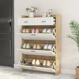 Matteo White & Natural Narrow Shoe Cabinet With 3 Flip Doors & 2 Drawers, Adjustable Storage