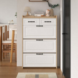 Matteo White & Natural Narrow Shoe Cabinet With 3 Flip Doors & 2 Drawers, Adjustable Storage - thumbnail 3