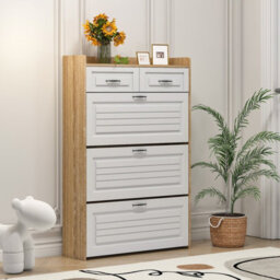 Matteo White & Natural Narrow Shoe Cabinet With 3 Flip Doors & 2 Drawers, Adjustable Storage - thumbnail 5