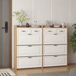 Matteo White & Natural Narrow Shoe Cabinet With 3 Flip Doors & 2 Drawers, Adjustable Storage - thumbnail 7