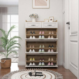 Matteo White & Natural Narrow Shoe Cabinet With 3 Flip Doors & 2 Drawers, Adjustable Storage - thumbnail 4