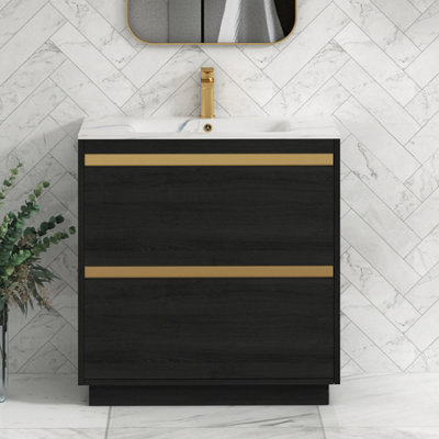 Royal Bathrooms Orion 800mm Floor Standing Bathroom Vanity Unit 2 Drawer Hale Black With Carrara White Basin & Black Accent Trim - image 1