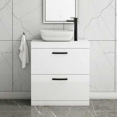 Royal Bathrooms 800mm Floor Standing Vanity Unit 2 Drawer Gloss White & Countertop Basin - Elva With Matt Black Handle - image 1